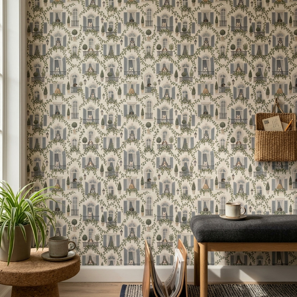 French Apartment Facade Wallpaper Arched Windows And Dogs