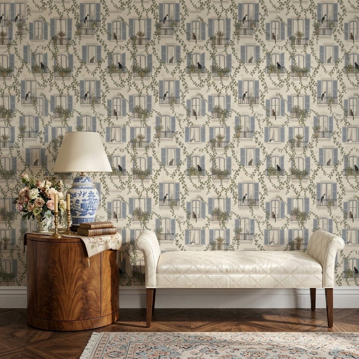 Paris Apartment Windows Wallpaper Cats And Ivy Pattern