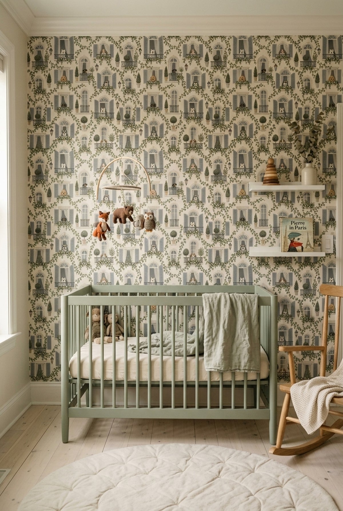 French Apartment Facade Wallpaper Arched Windows And Dogs