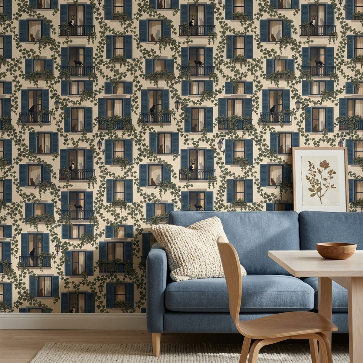 European Facade Wallpaper Blue Shutters Cream Background