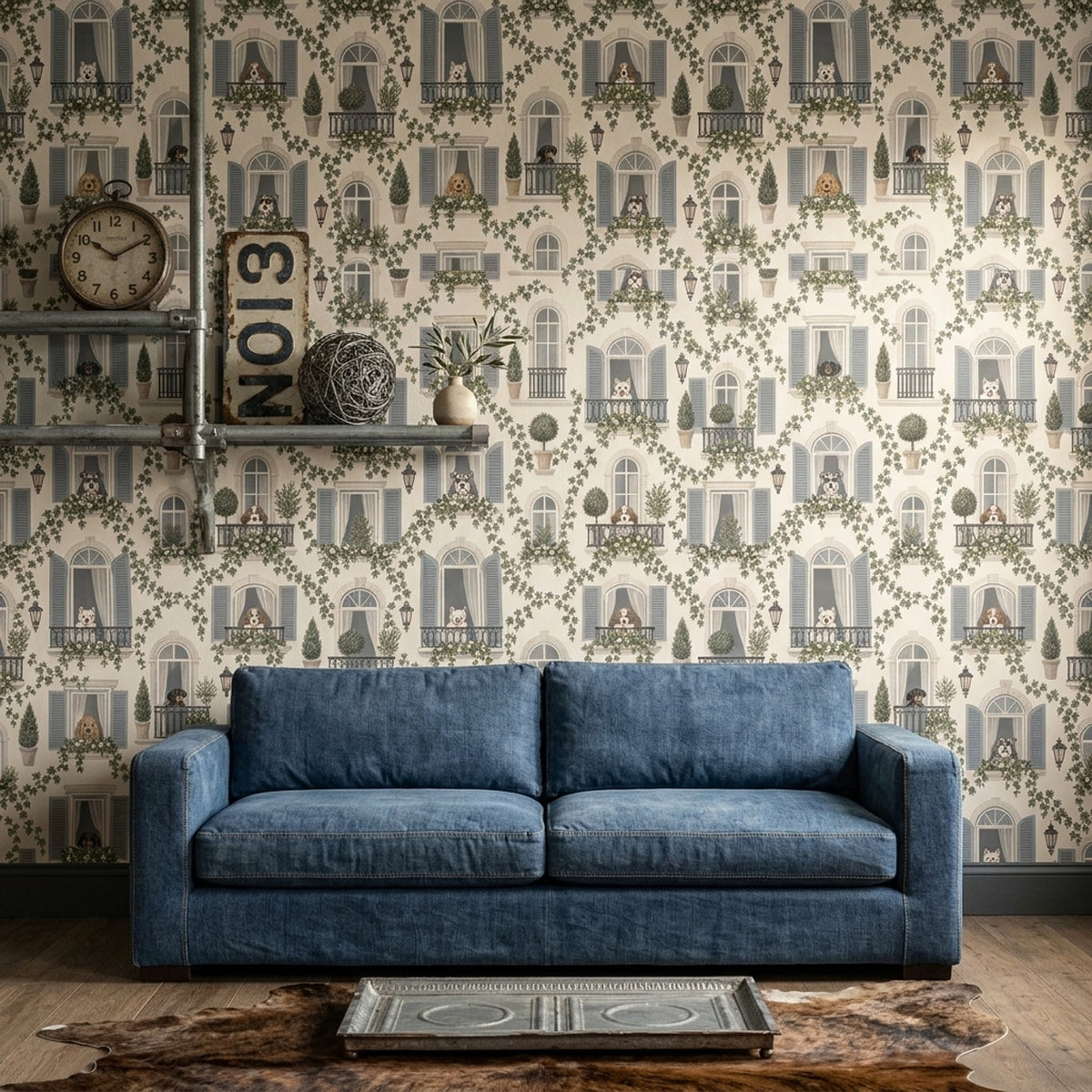 French Apartment Facade Wallpaper Arched Windows And Dogs