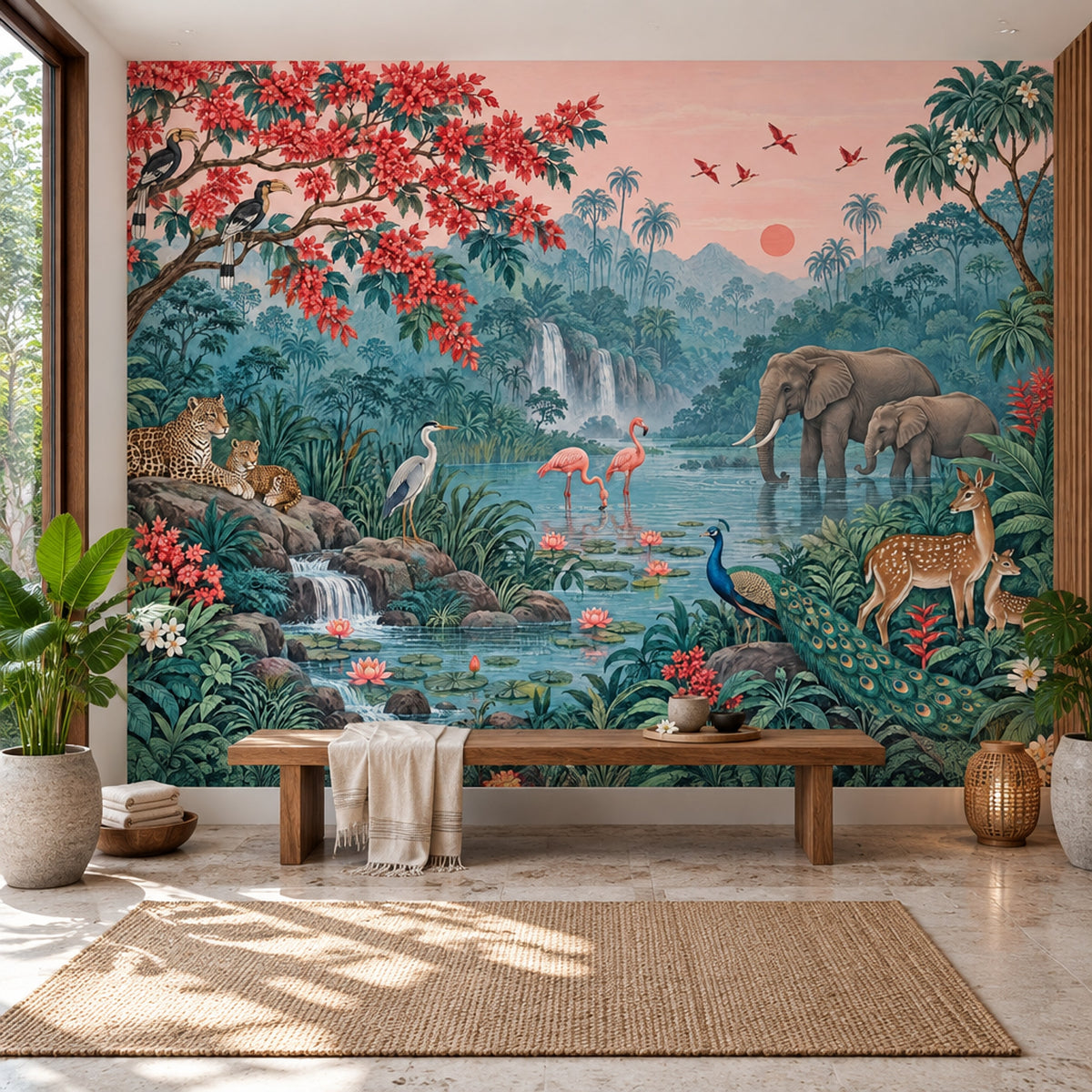 Tropical Jungle Wildlife Wallpaper Pink Sky Waterfall Wall Mural