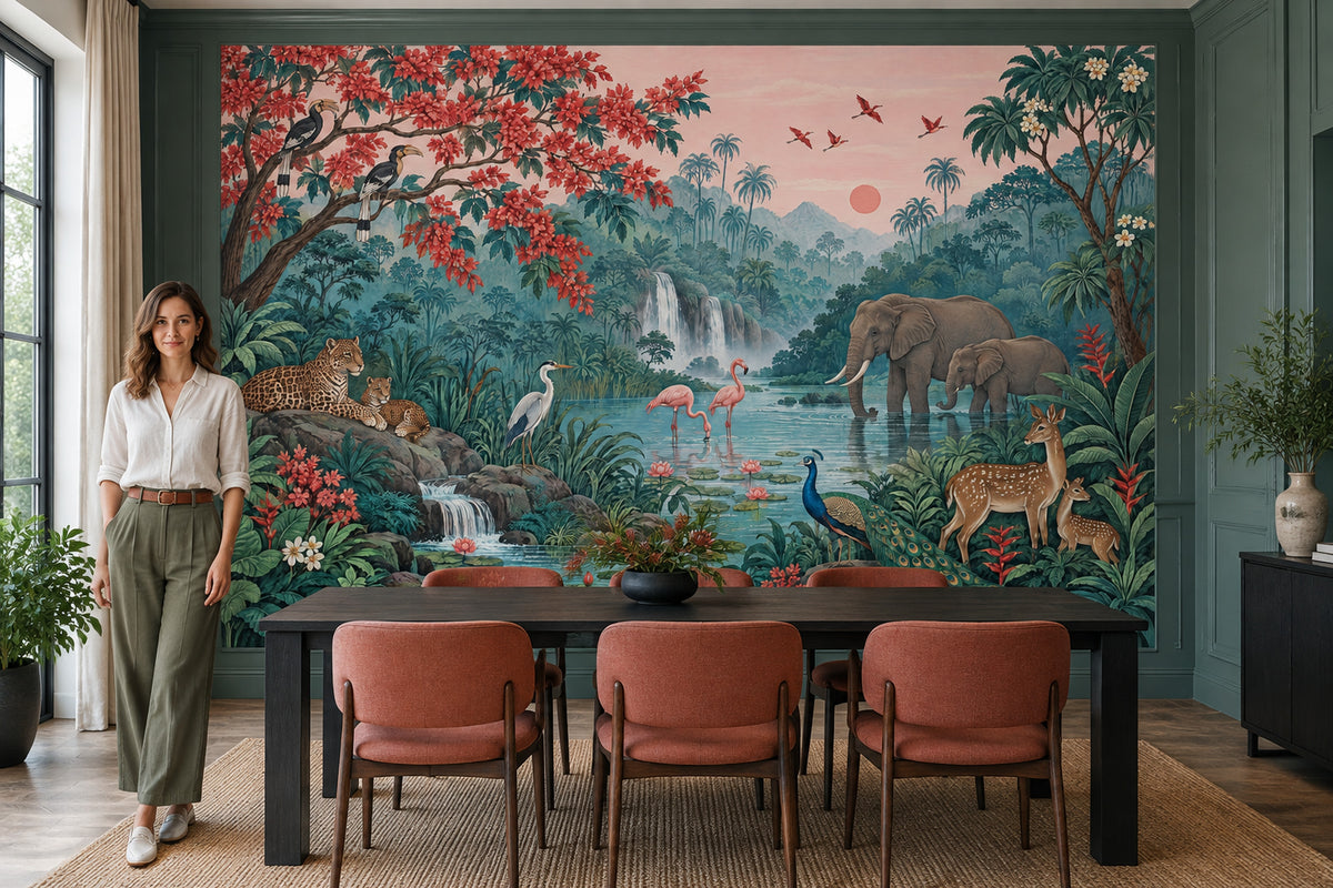 Tropical Jungle Wildlife Wallpaper Pink Sky Waterfall Wall Mural
