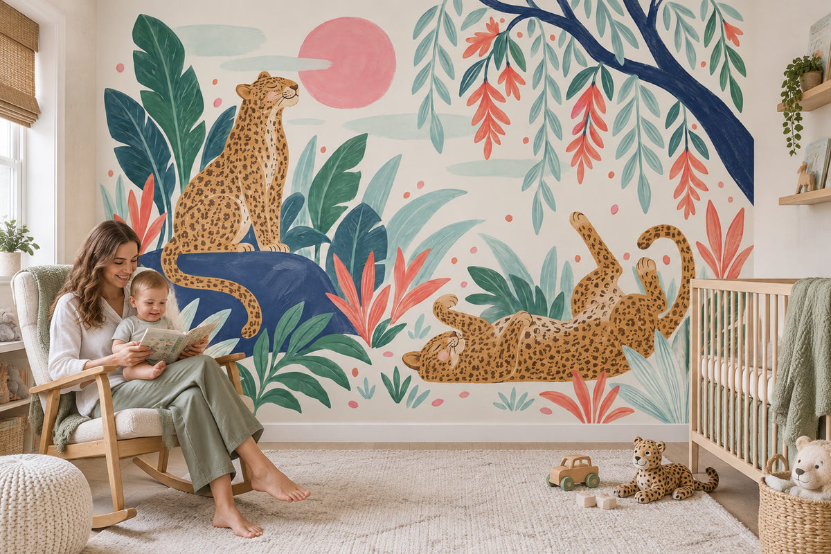 Whimsical Leopards Tropical Jungle Wallpaper Watercolor Wall Mural