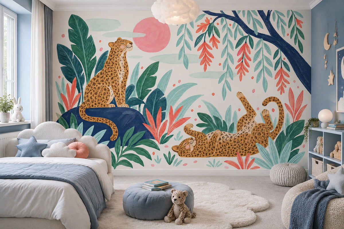 Whimsical Leopards Tropical Jungle Wallpaper Watercolor Wall Mural