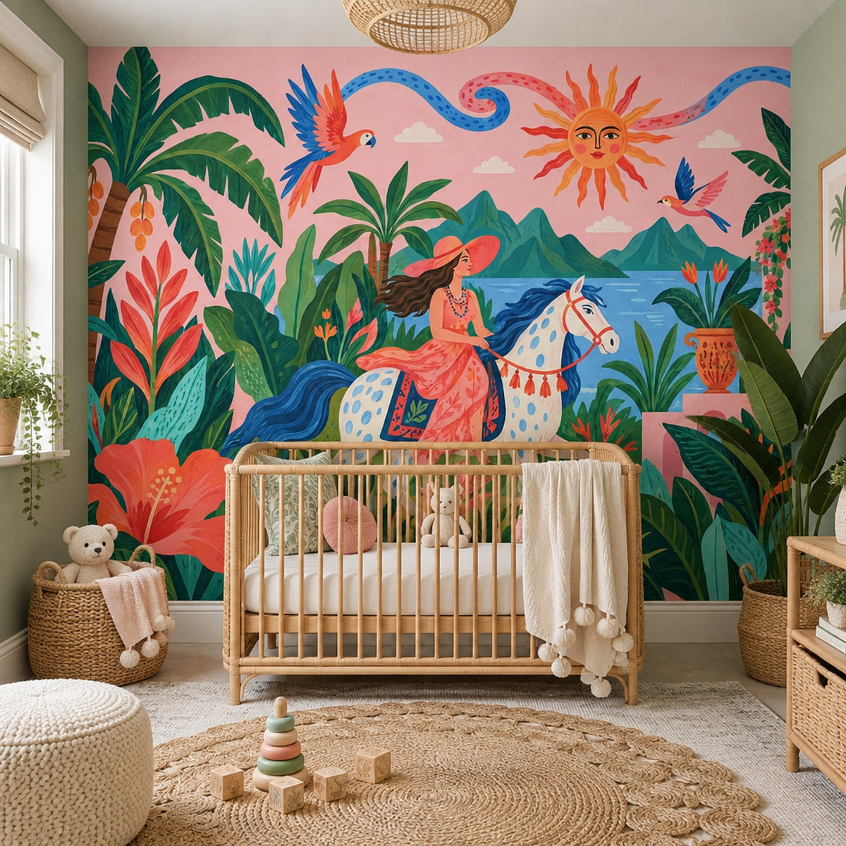 Woman On Horse Tropical Landscape Wallpaper Pink Sky Wall Mural
