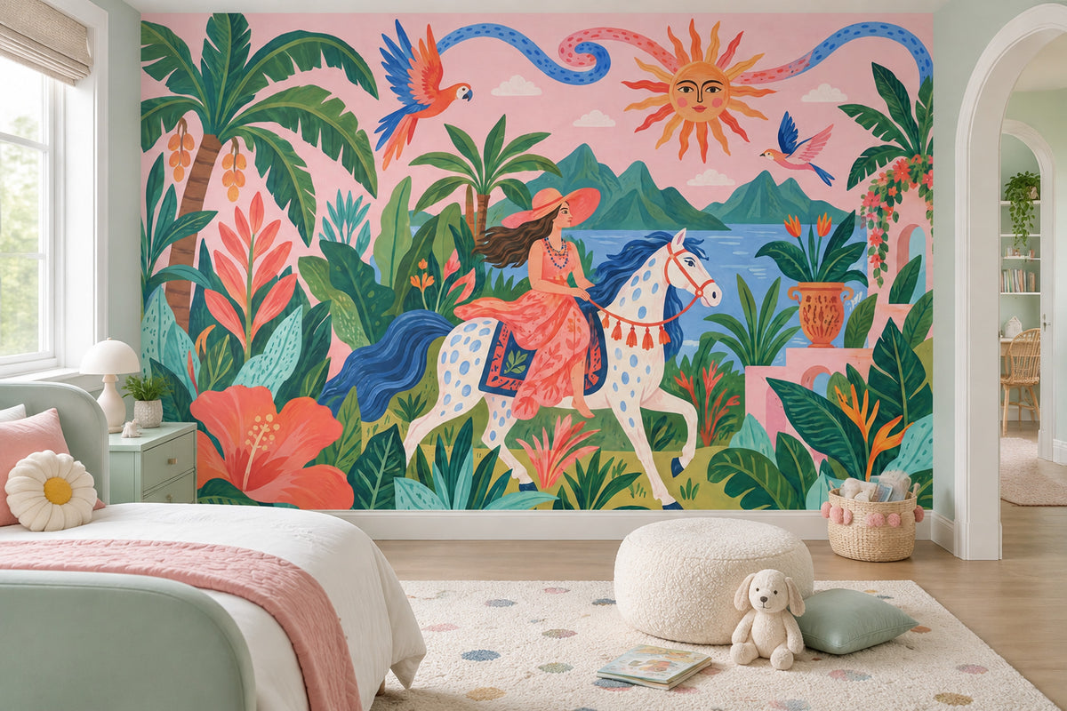 Woman On Horse Tropical Landscape Wallpaper Pink Sky Wall Mural