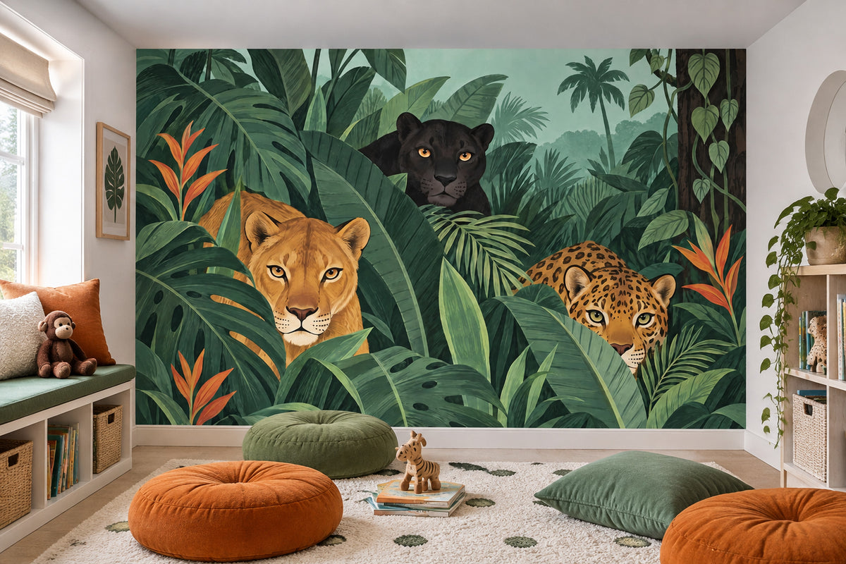 Big Cats Jungle Wallpaper Tropical Foliage Wall Mural