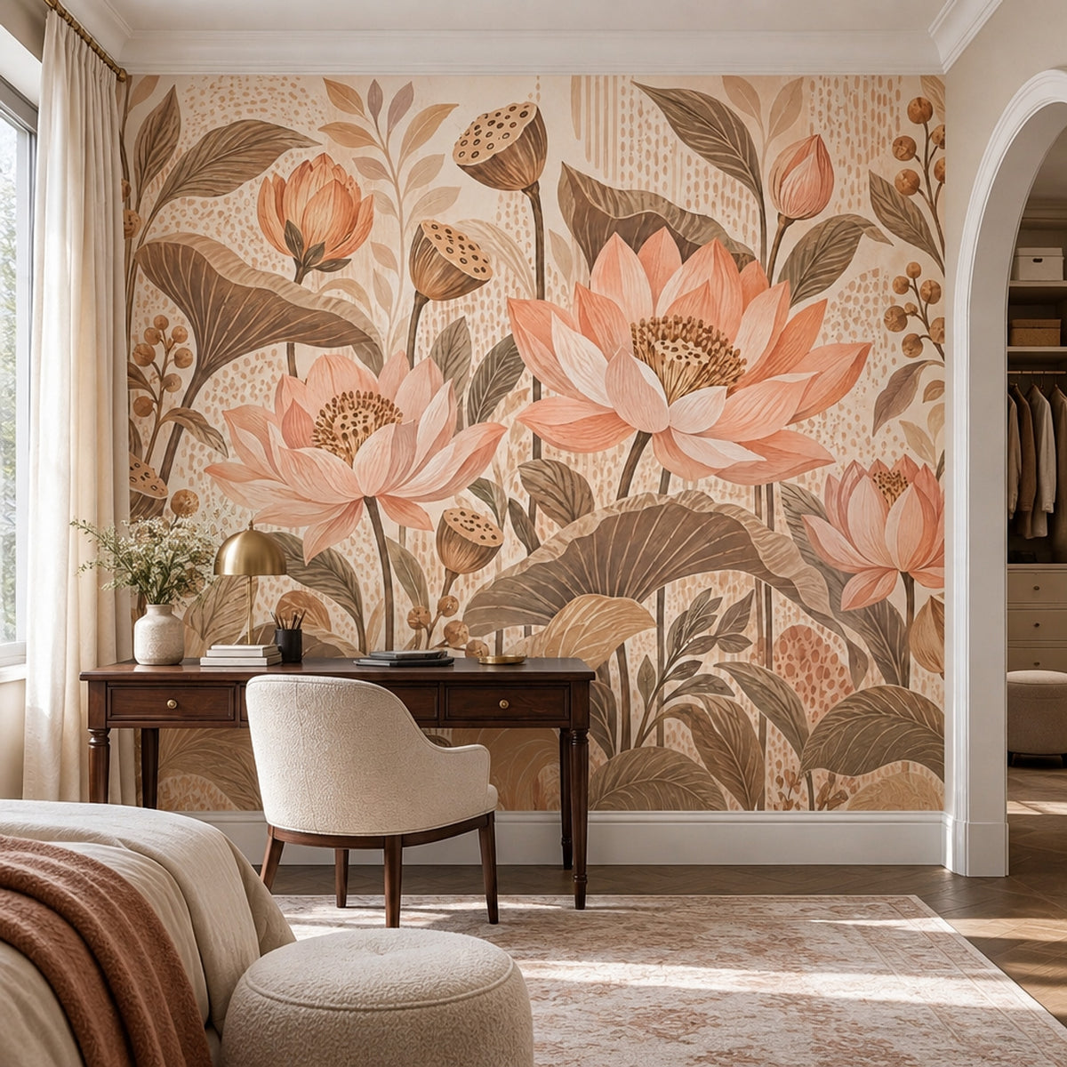 Watercolor Lotus Wallpaper Earth Tone Botanical Wall Mural