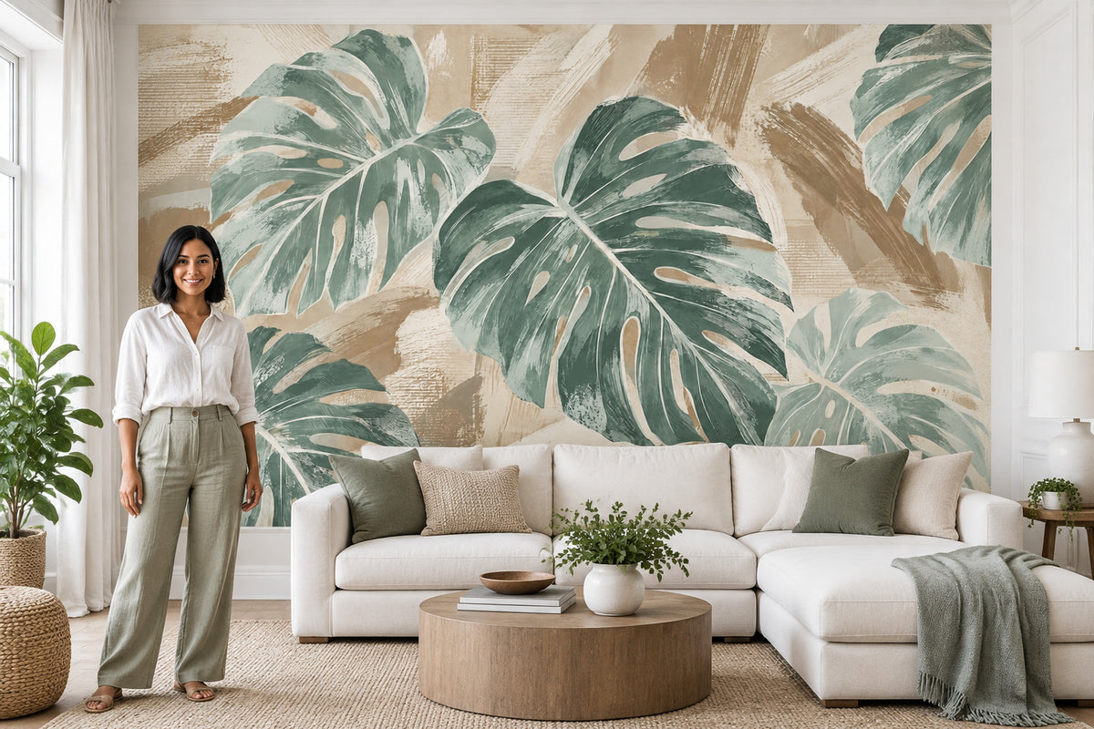Monstera Leaves Wallpaper Textured Tropical Wall Mural