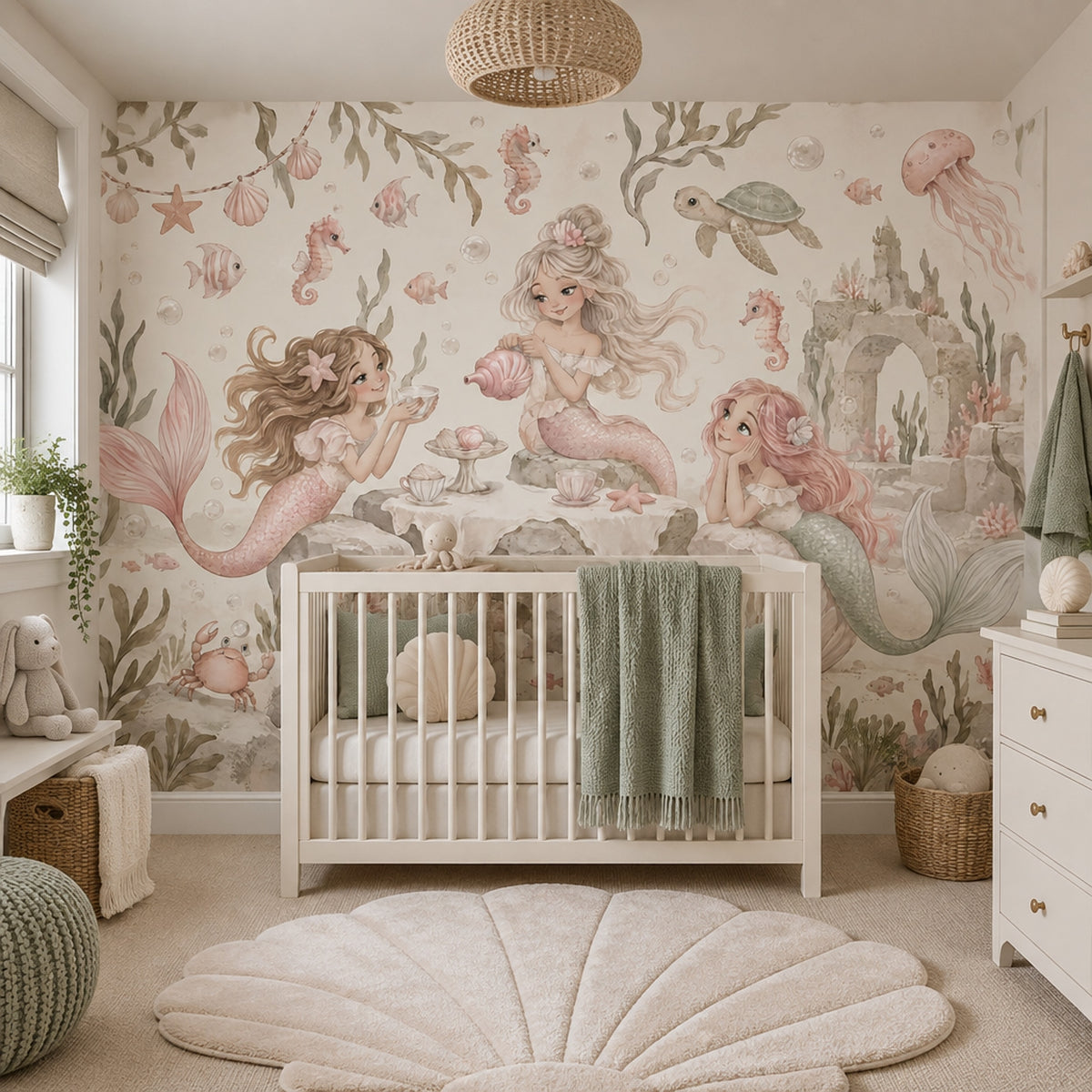 Mermaid Underwater Tea Party Wallpaper Watercolor Coastal Wall Mural