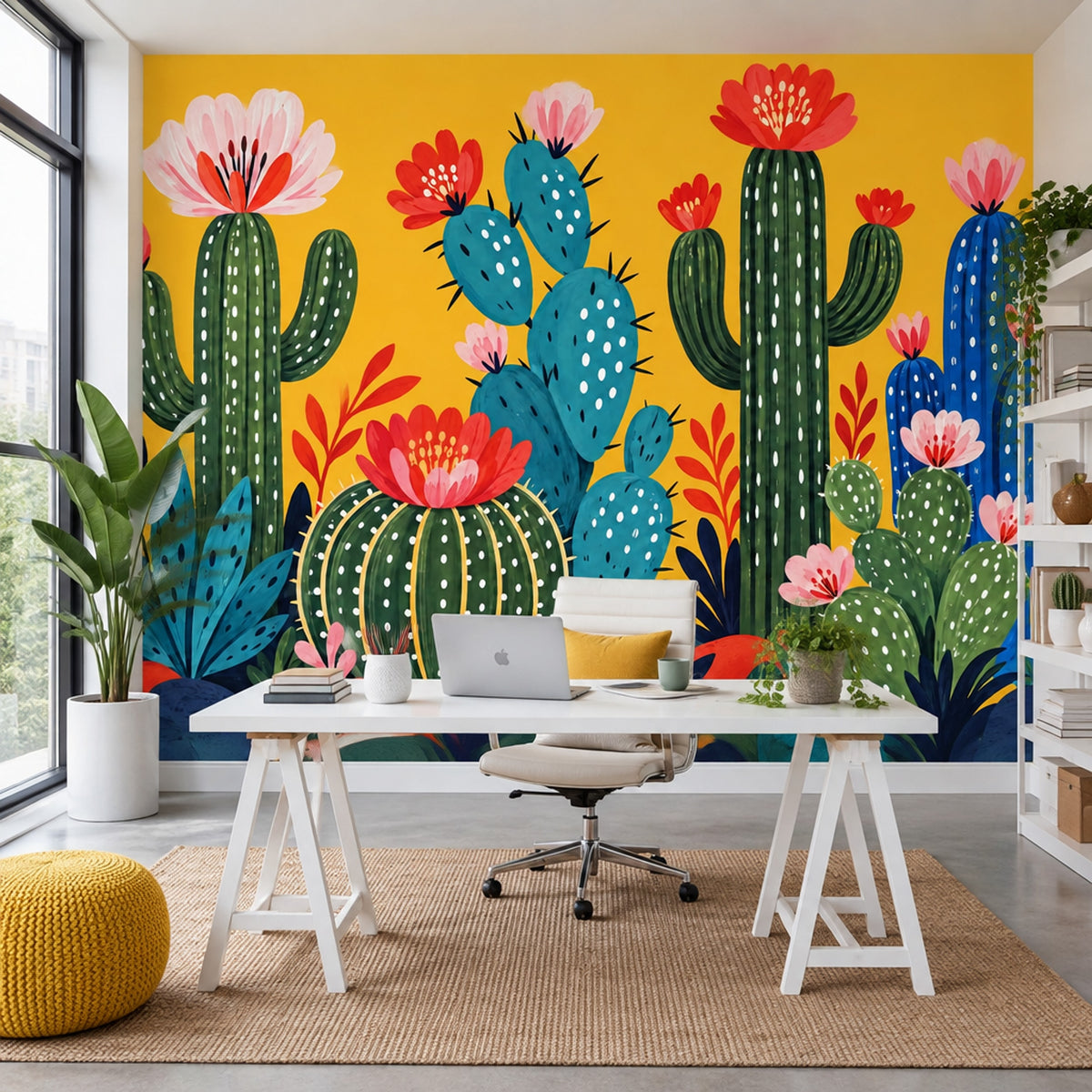 Blooming Cactus Wallpaper Bright Yellow Wall Mural