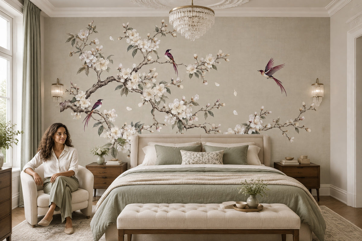 Cherry Blossoms And Birds Wallpaper Chinoiserie Botanical Wall Mural