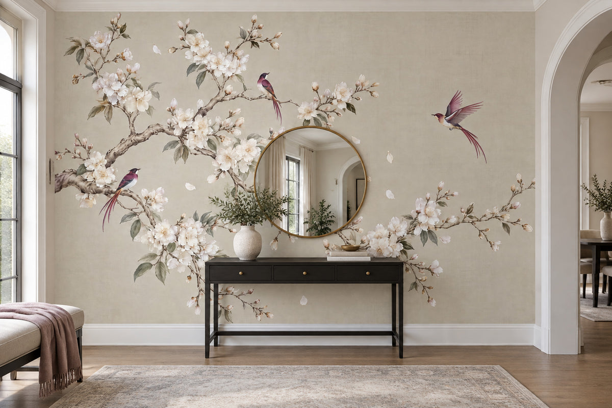 Cherry Blossoms And Birds Wallpaper Chinoiserie Botanical Wall Mural