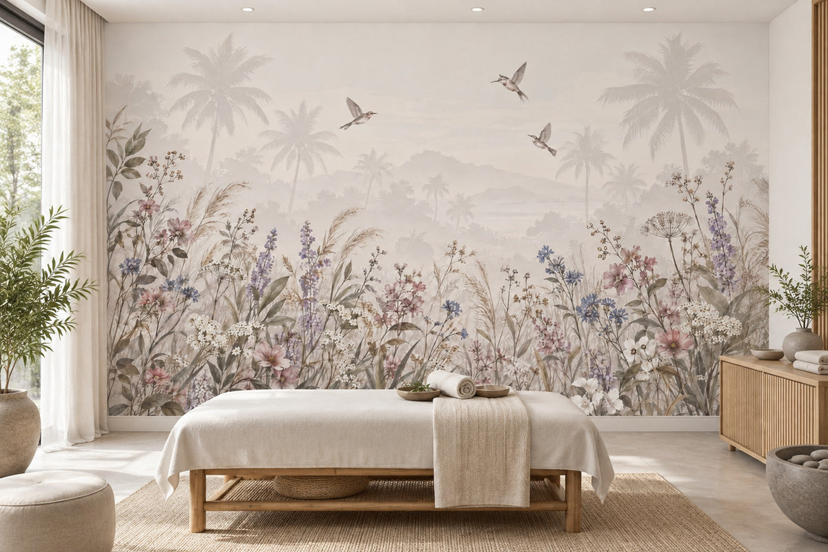 Pastel Wildflowers Wallpaper Misty Mountains Wall Mural