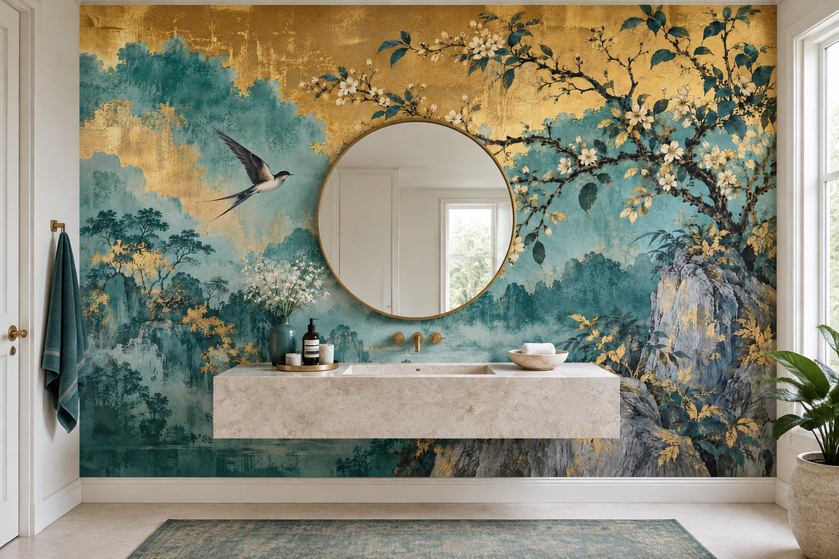 Misty Mountains And Flowering Branch Wallpaper Teal Gold Vintage Wall Mural