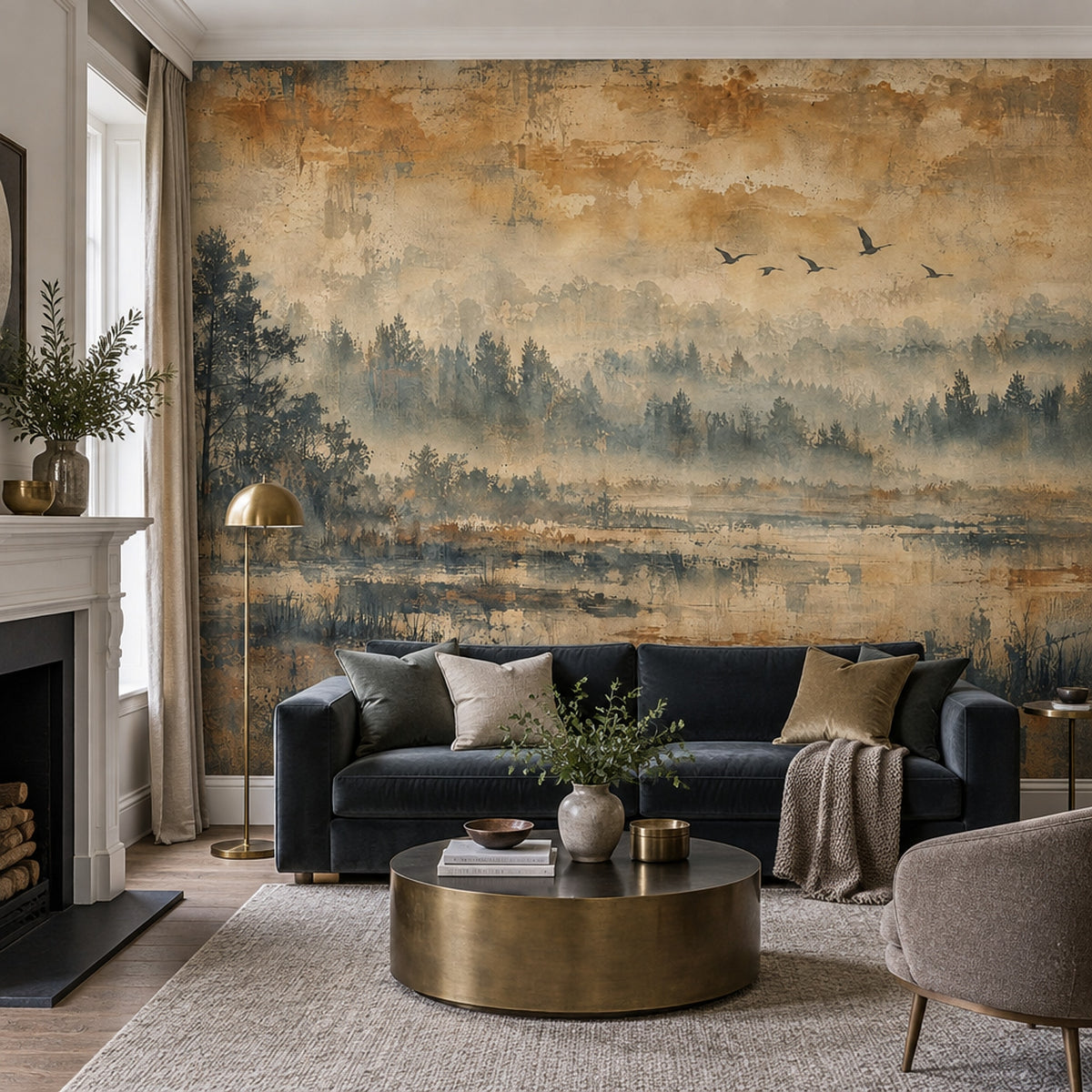 Misty Forest Wallpaper Sepia Landscape Wall Mural