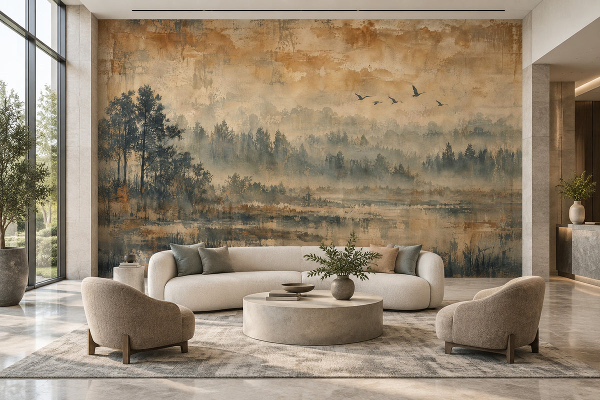 Misty Forest Wallpaper Sepia Landscape Wall Mural