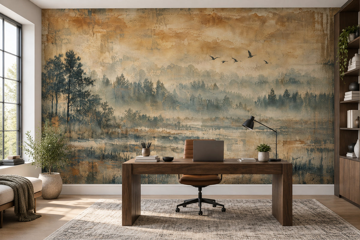 Misty Forest Wallpaper Sepia Landscape Wall Mural
