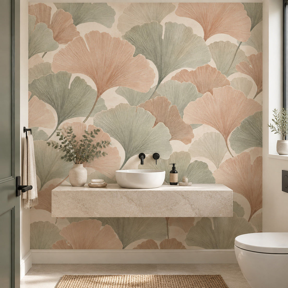 Ginkgo Leaves Wallpaper Sage Green Peach Wall Mural