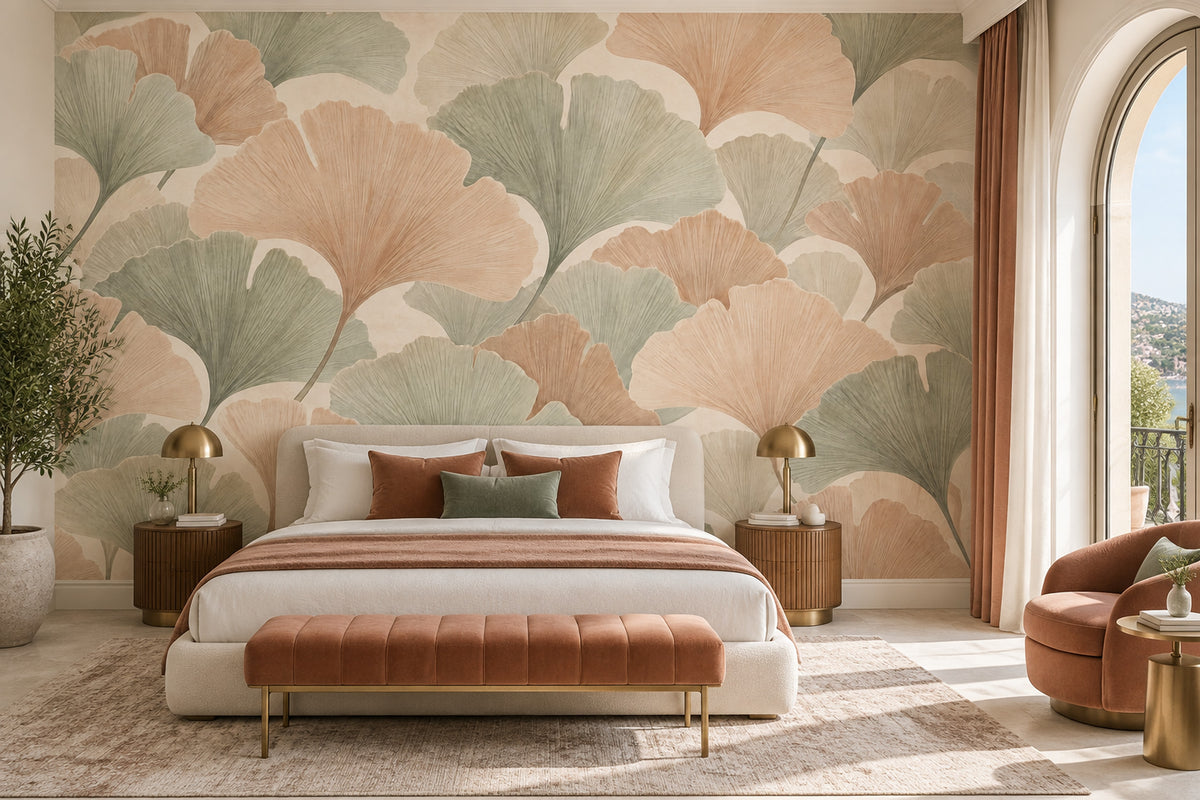 Ginkgo Leaves Wallpaper Sage Green Peach Wall Mural