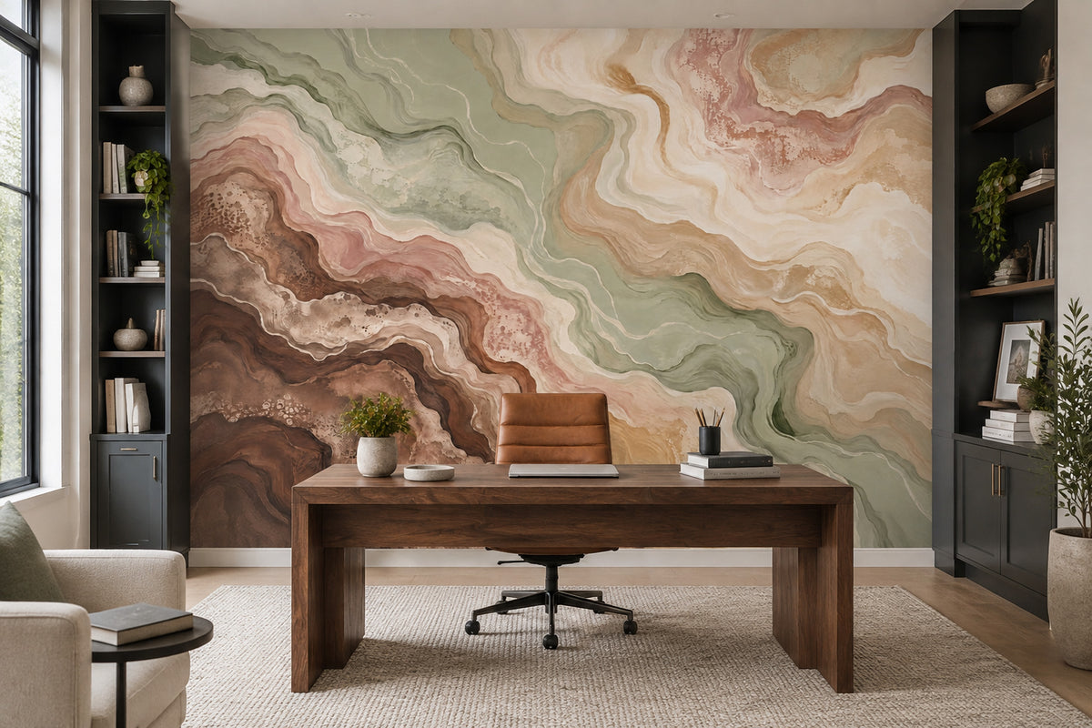 Abstract Marble Wallpaper Sage Green Earth Tones Wall Mural