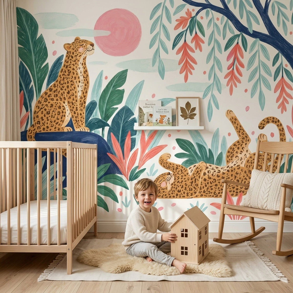 Whimsical Leopards Tropical Jungle Wallpaper Watercolor Wall Mural