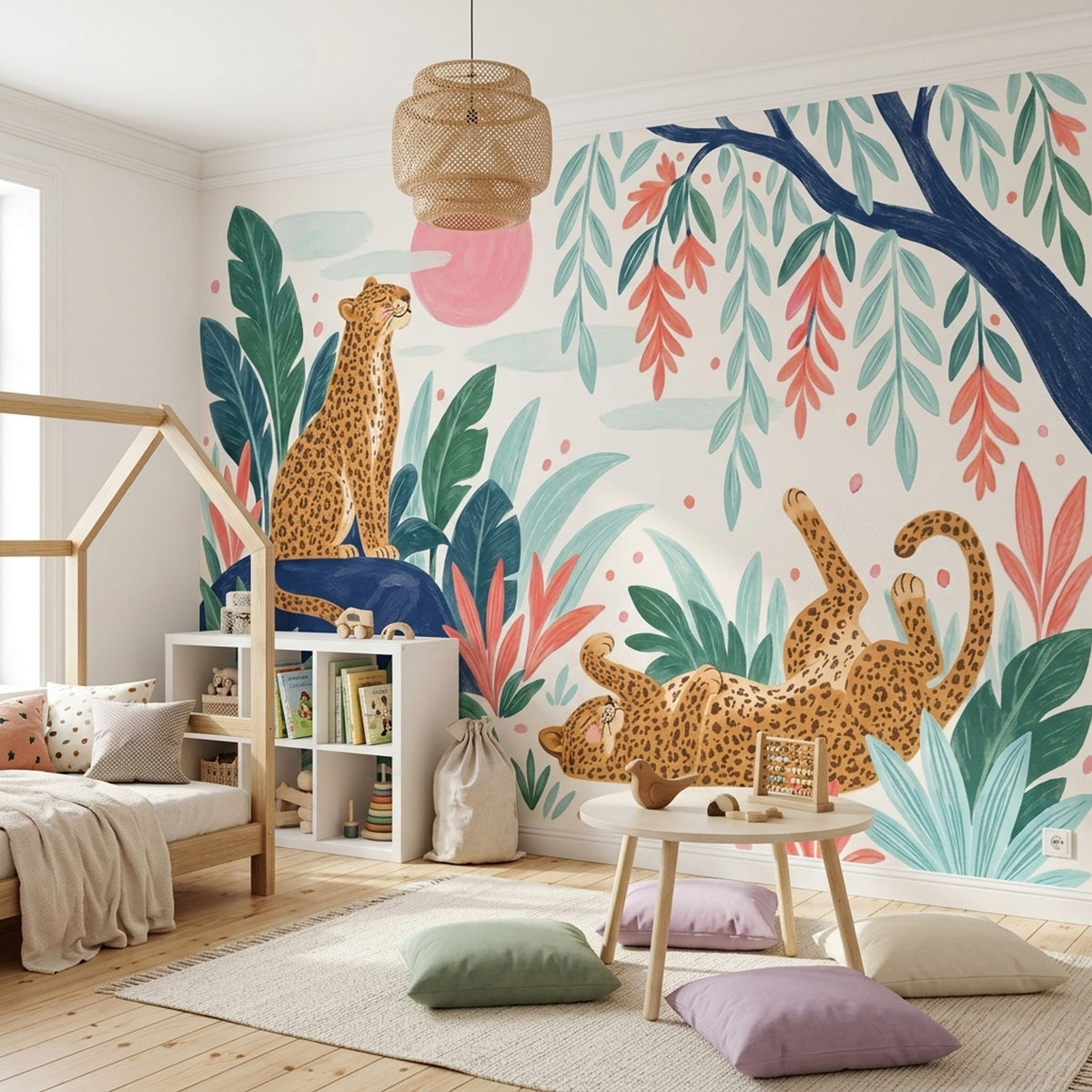 Whimsical Leopards Tropical Jungle Wallpaper Watercolor Wall Mural