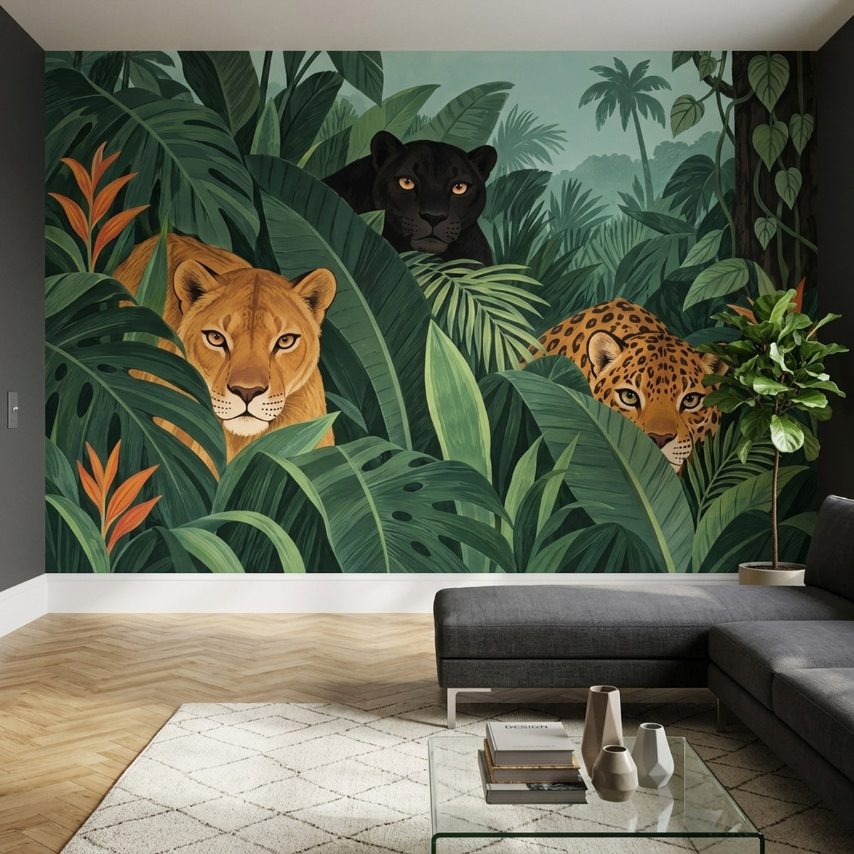 Big Cats Jungle Wallpaper Tropical Foliage Wall Mural