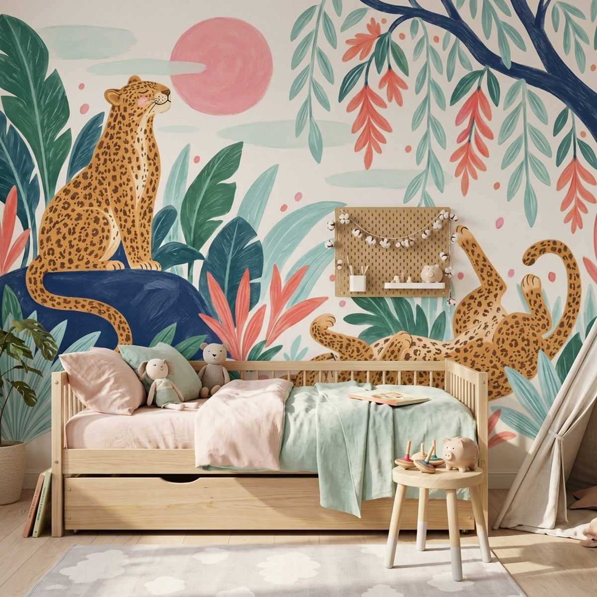 Whimsical Leopards Tropical Jungle Wallpaper Watercolor Wall Mural