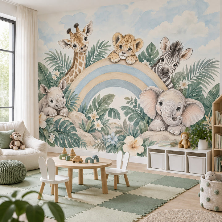 Baby Safari Animals Wallpaper Pastel Rainbow Nursery Wall Mural