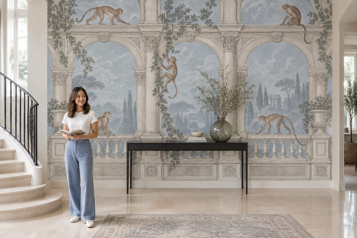 Monkeys Garden Terrace Wallpaper Classical Arches Wall Mural