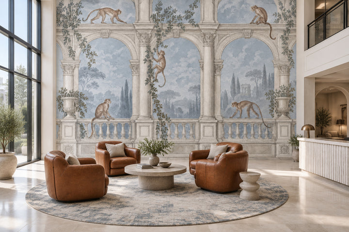 Monkeys Garden Terrace Wallpaper Classical Arches Wall Mural