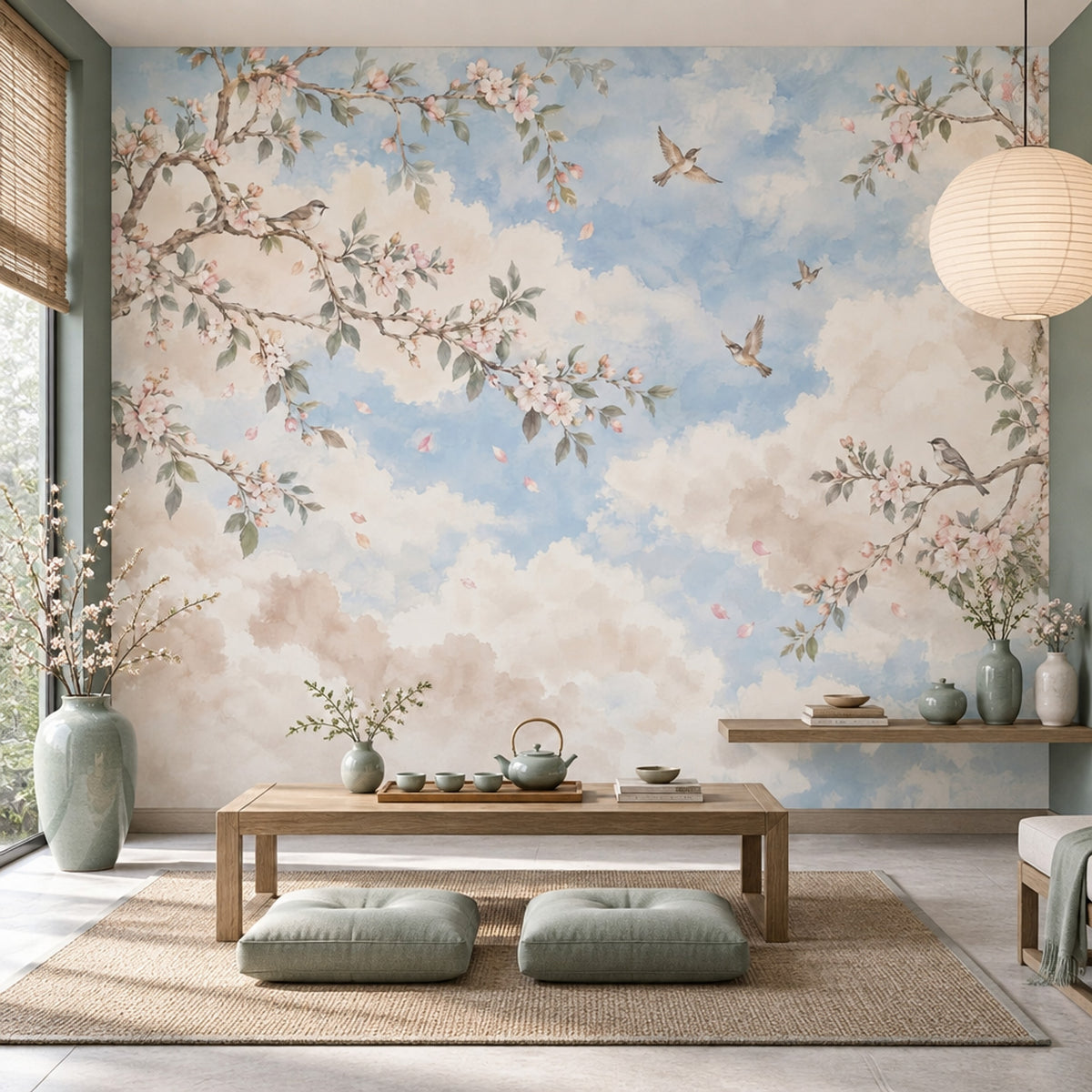 Blossoming Branches And Birds Wallpaper Watercolor Sky Wall Mural