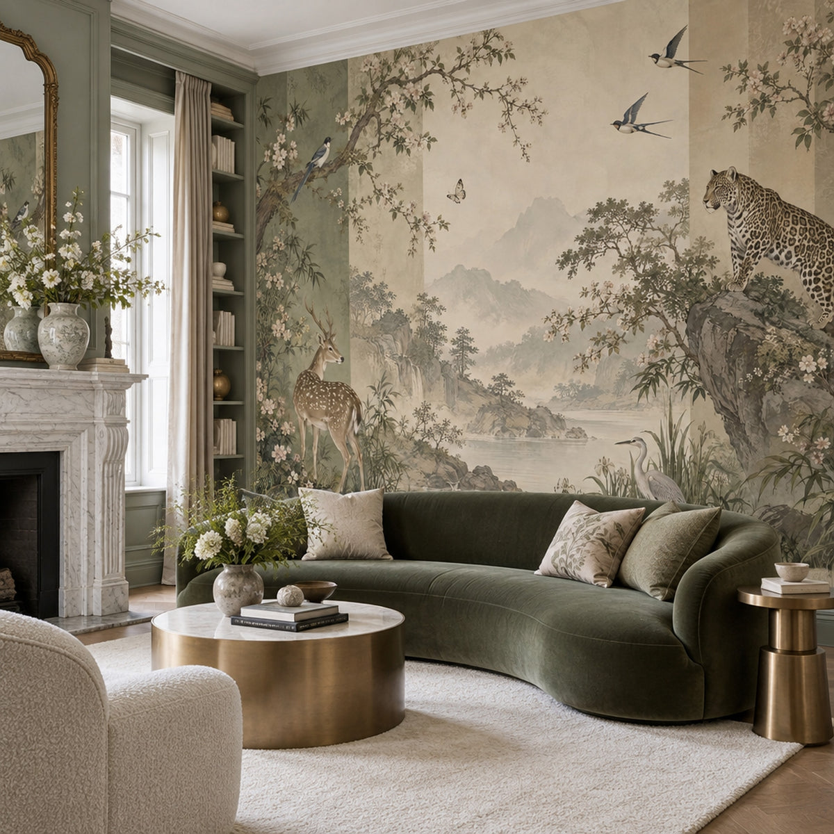 Chinoiserie Wildlife Landscape Wallpaper Misty Mountains Wall Mural