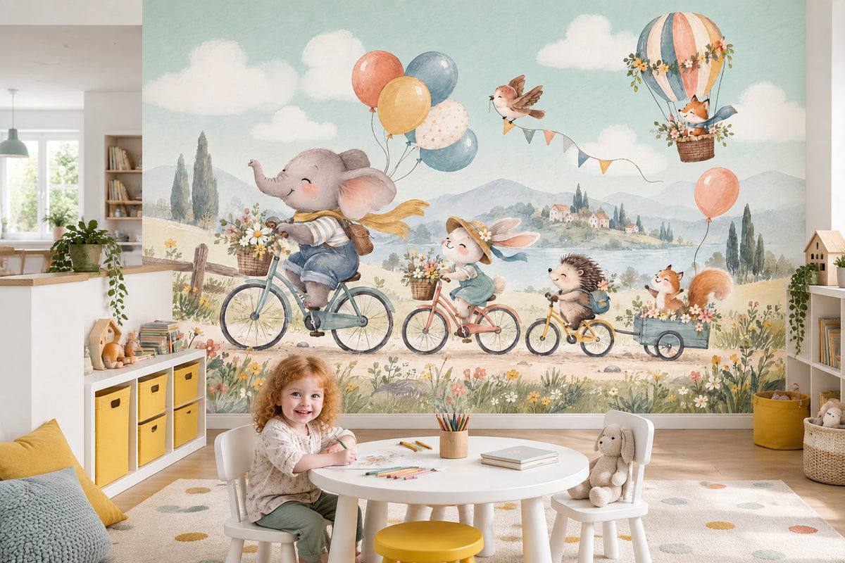 Watercolor Animal Bike Parade Wallpaper Pastel Hot Air Balloon Wall Mural