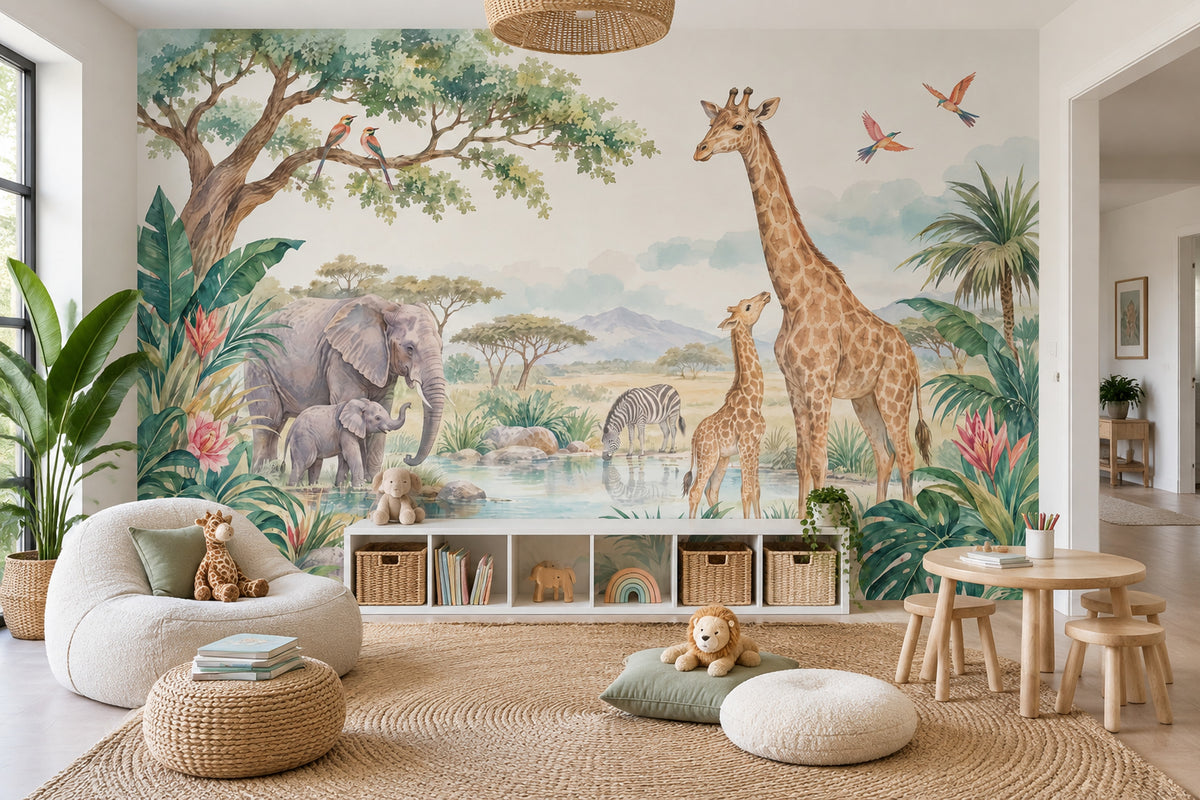 Safari Animals Wallpaper Watercolor Nursery Wall Mural