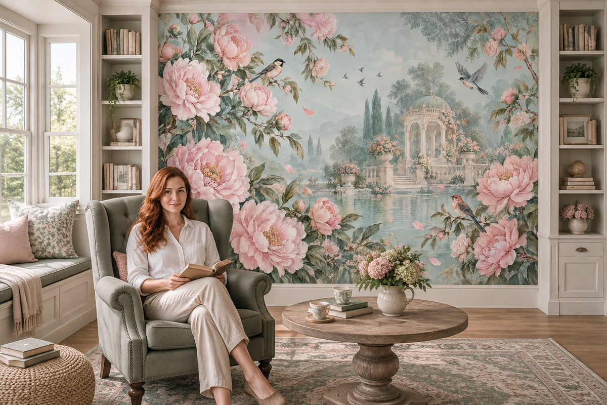 Pink Peonies Wallpaper Classical Pavilion Wall Mural