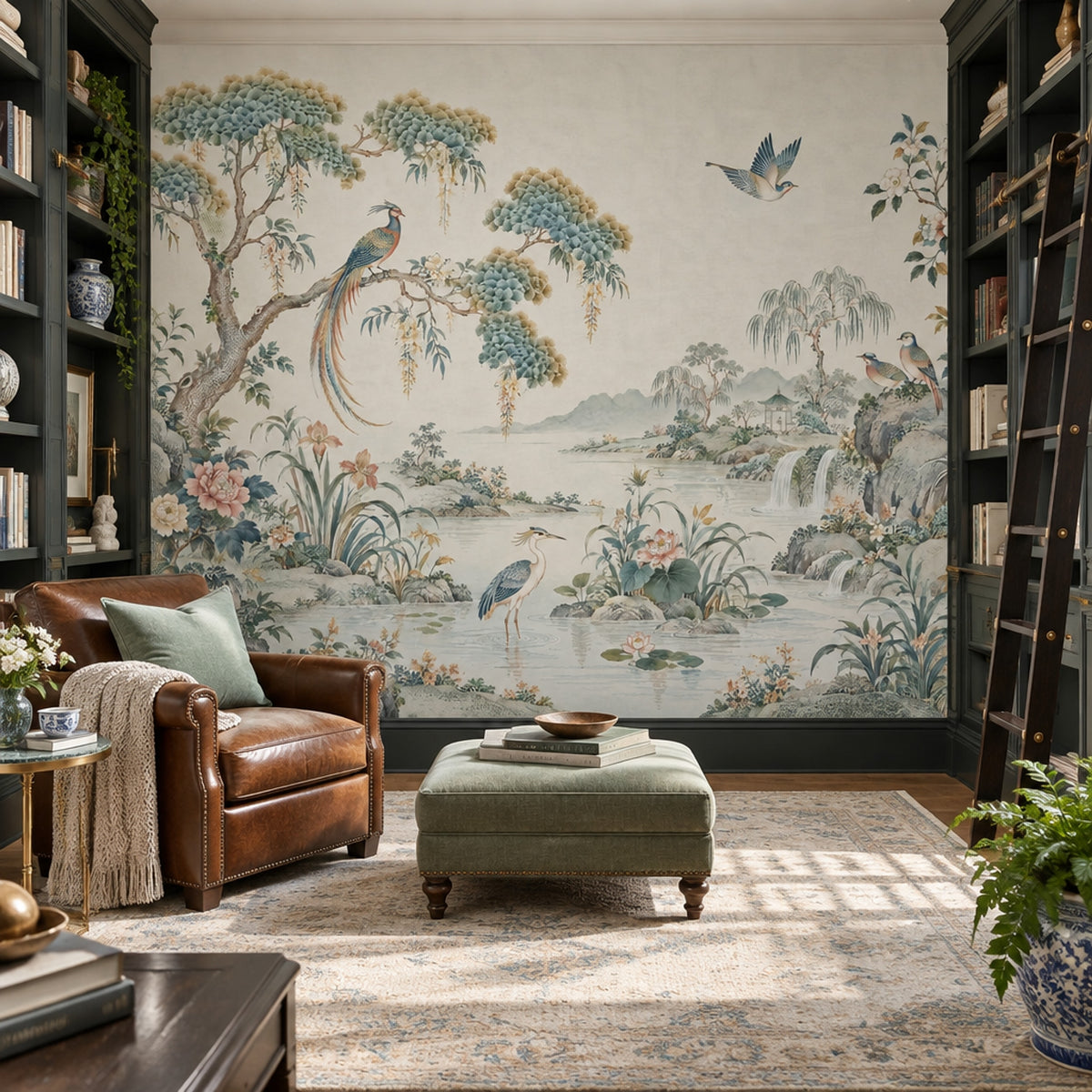 Chinoiserie Birds And Waterfall Wallpaper Ivory Garden Wall Mural