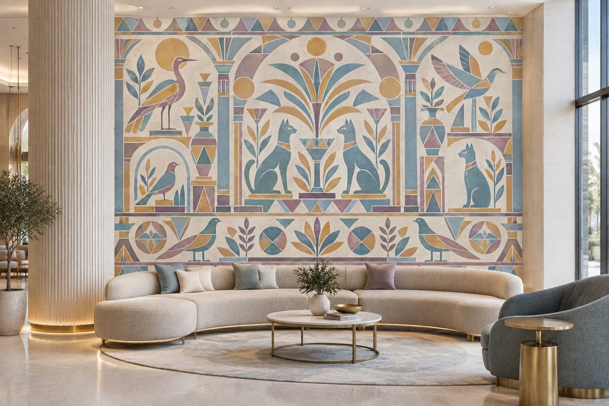 Egyptian Cats And Birds Wallpaper Pastel Geometric Wall Mural