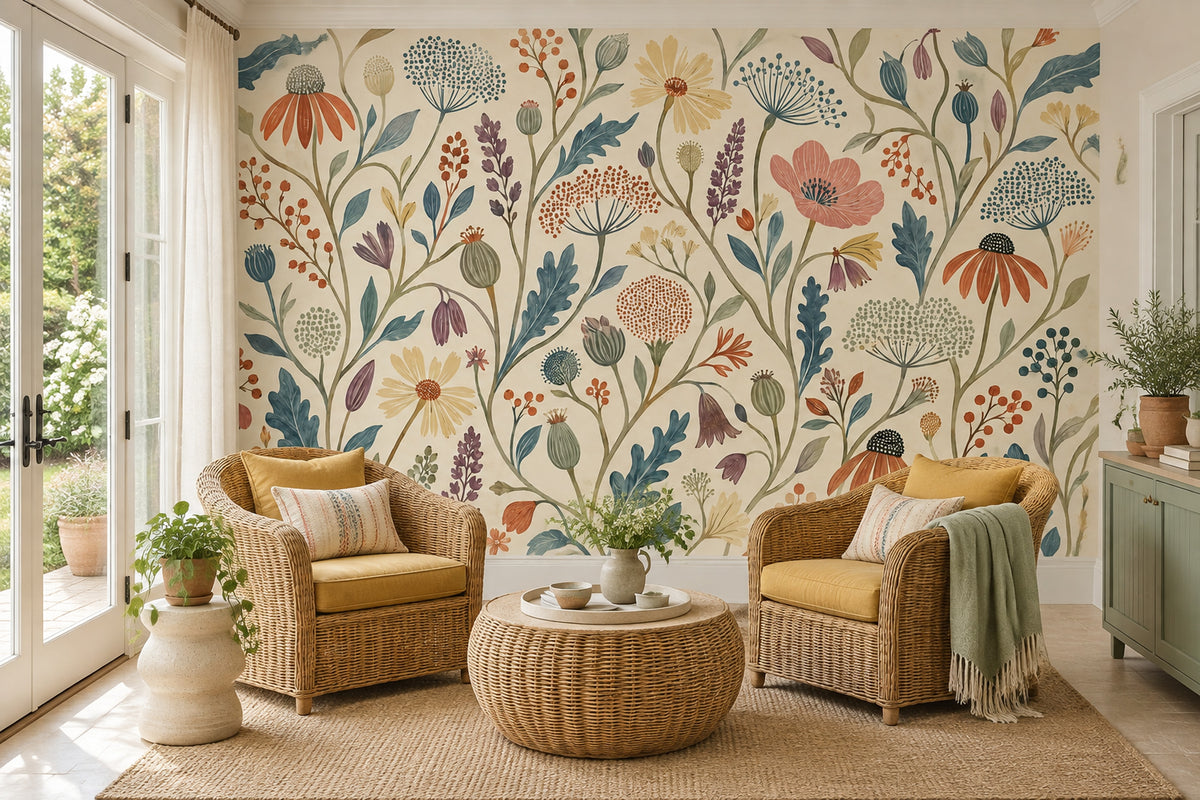 Vintage Wildflowers Wallpaper Cream Botanical Wall Mural
