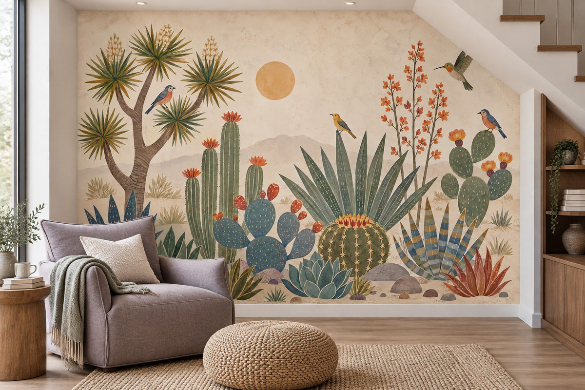 Desert Cactus Wallpaper Vintage Botanical Wall Mural