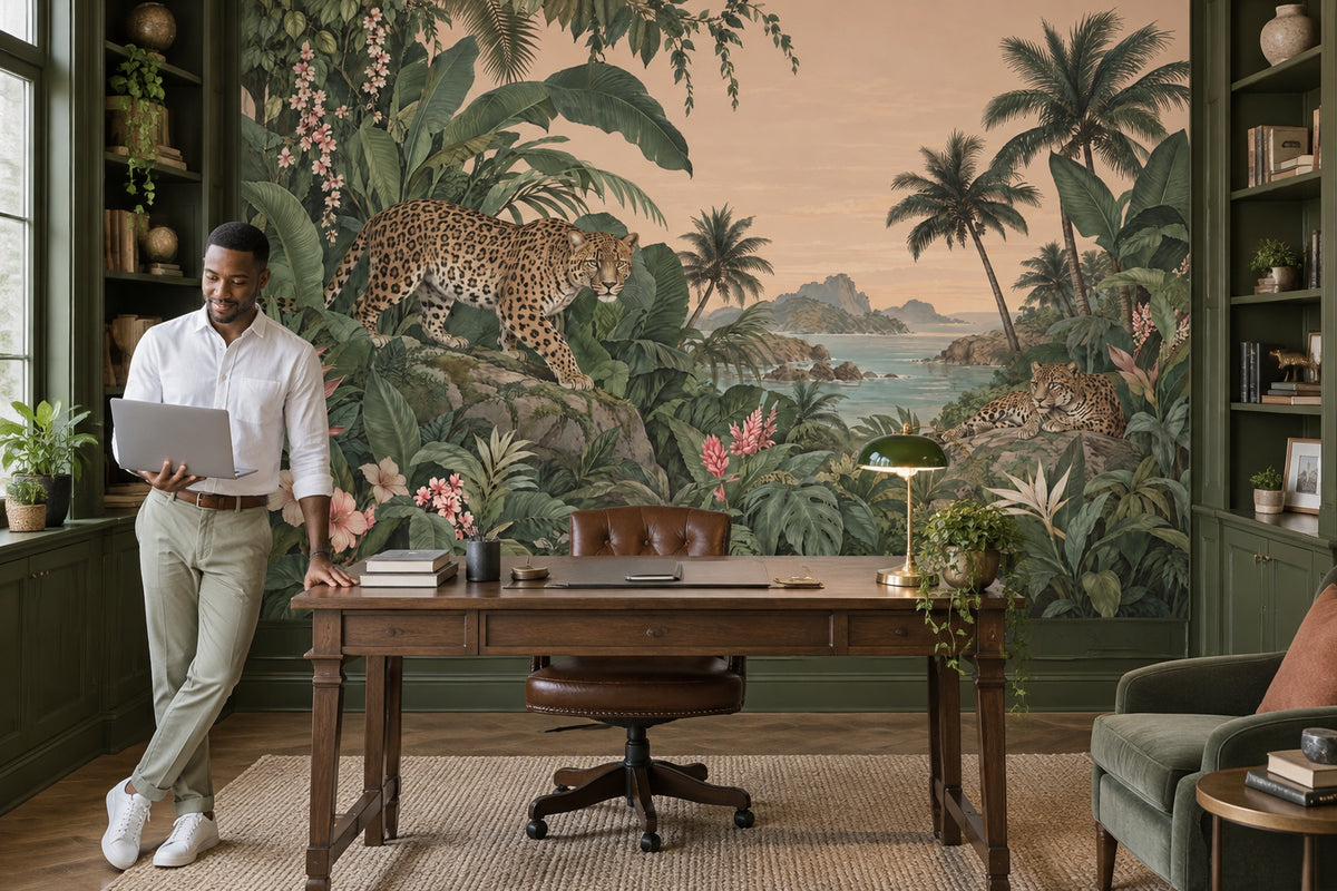 Leopard Jungle Coast Wallpaper Vintage Tropical Wall Mural