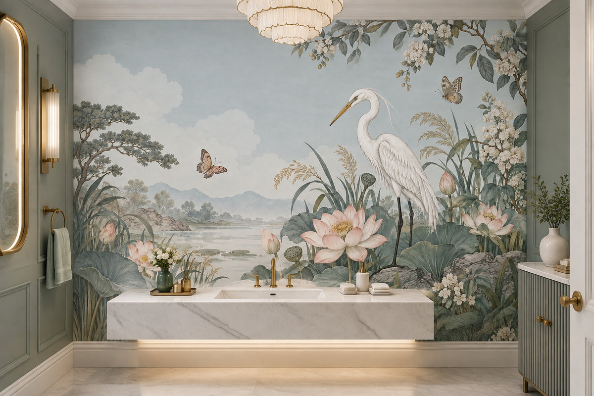 Heron And Lotus Wallpaper Chinoiserie Floral Landscape Wall Mural