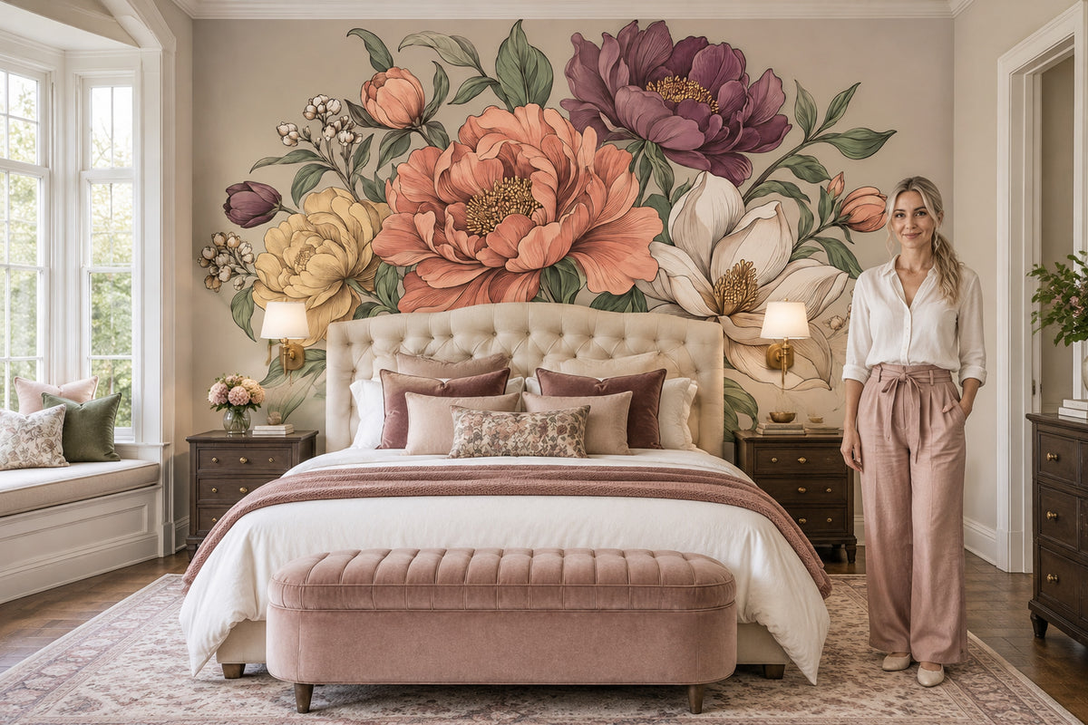 Vintage Peony Wallpaper Beige Botanical Wall Mural