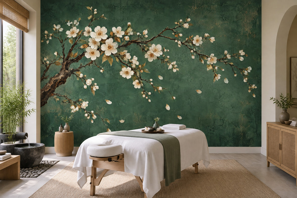 Cherry Blossoms Wallpaper Dark Green Vintage Wall Mural