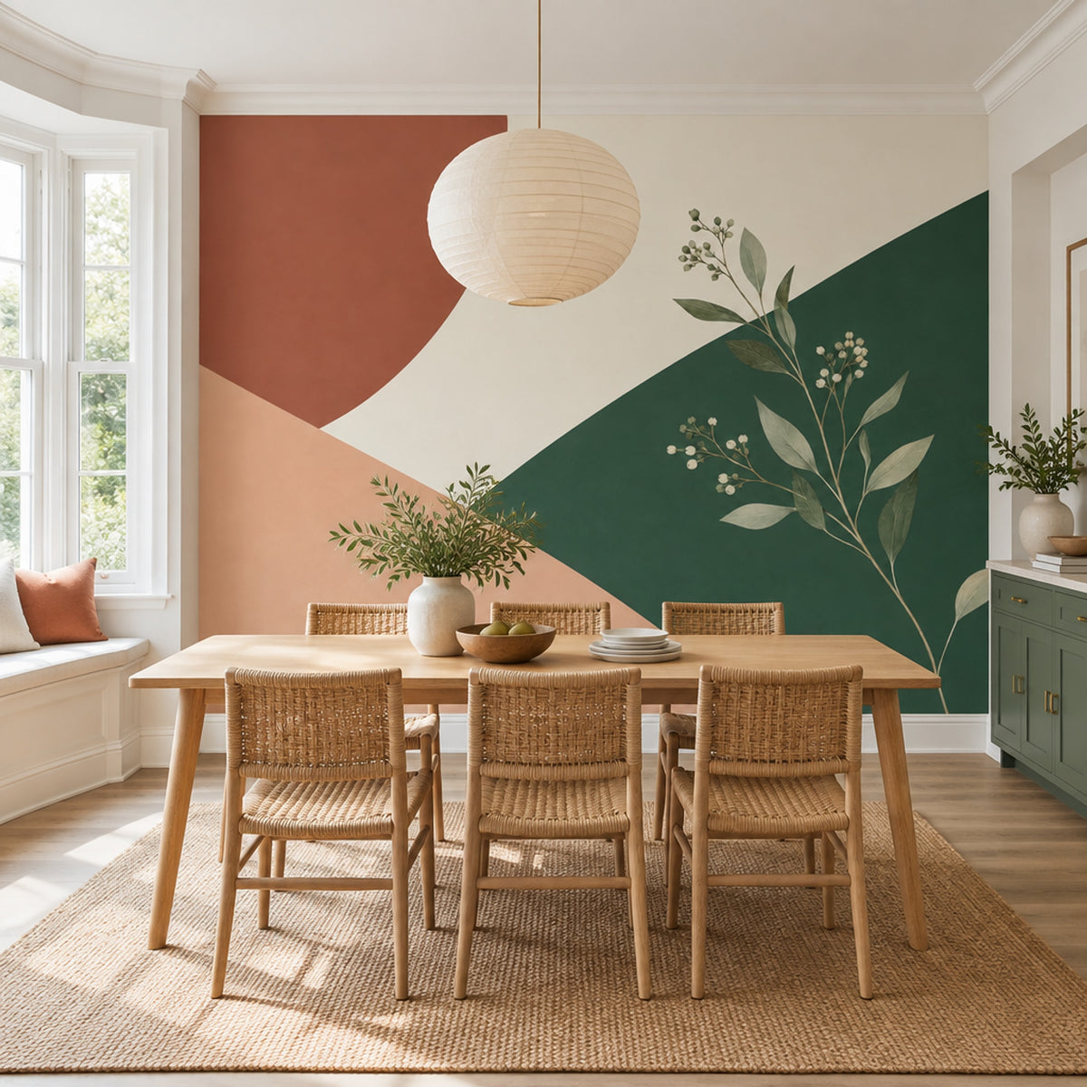 Abstract Botanical Shapes Wallpaper Terracotta Green Geometric Wall Mural