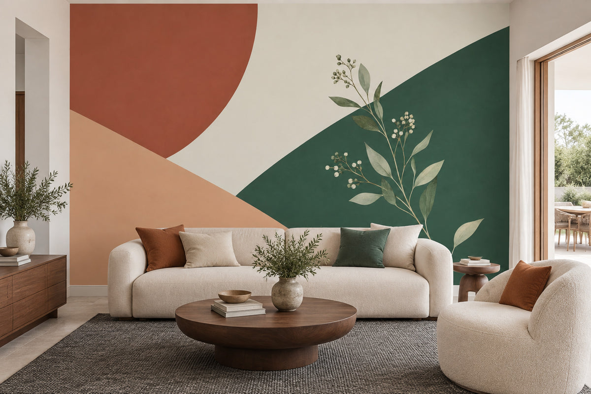 Abstract Botanical Shapes Wallpaper Terracotta Green Geometric Wall Mural