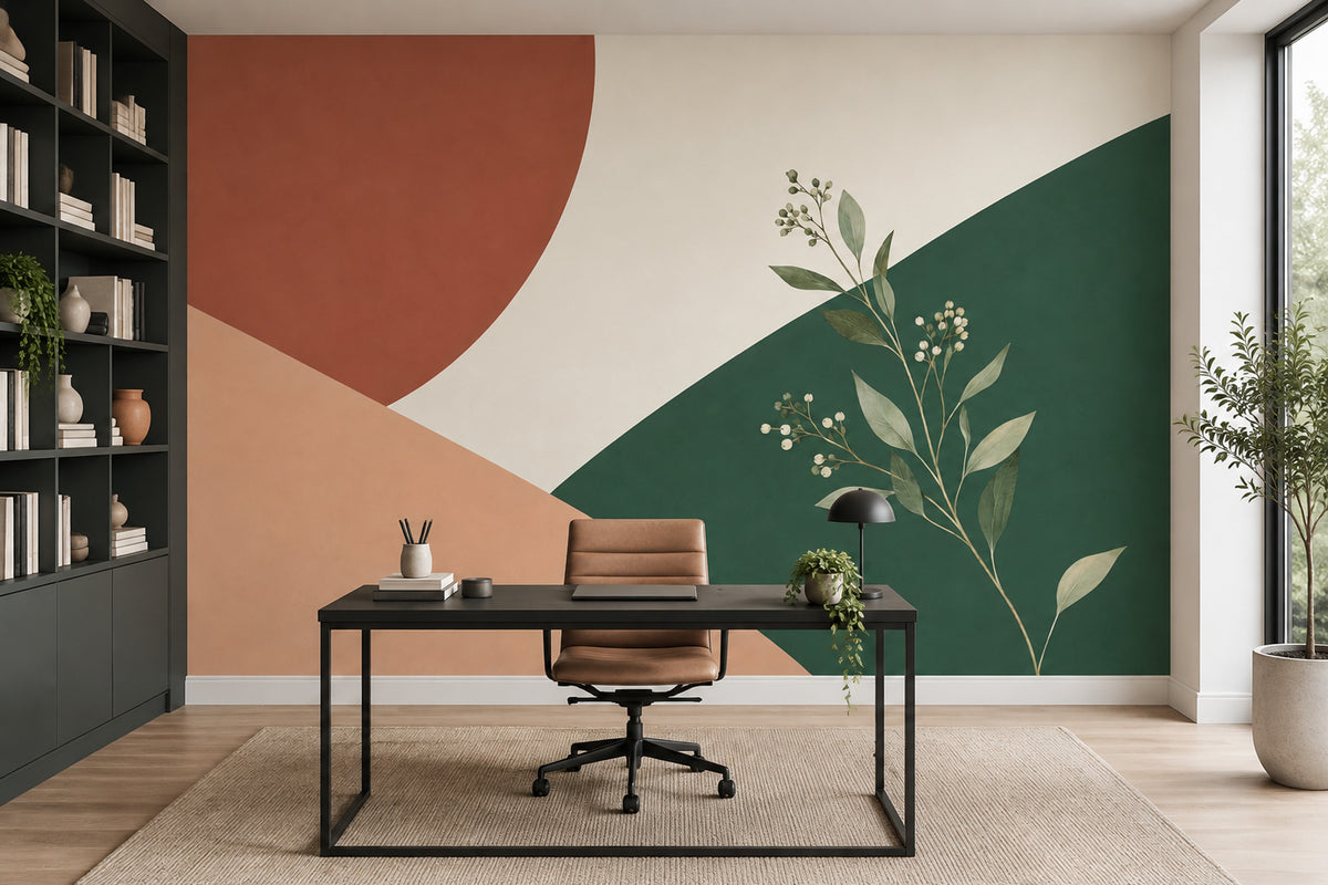 Abstract Botanical Shapes Wallpaper Terracotta Green Geometric Wall Mural