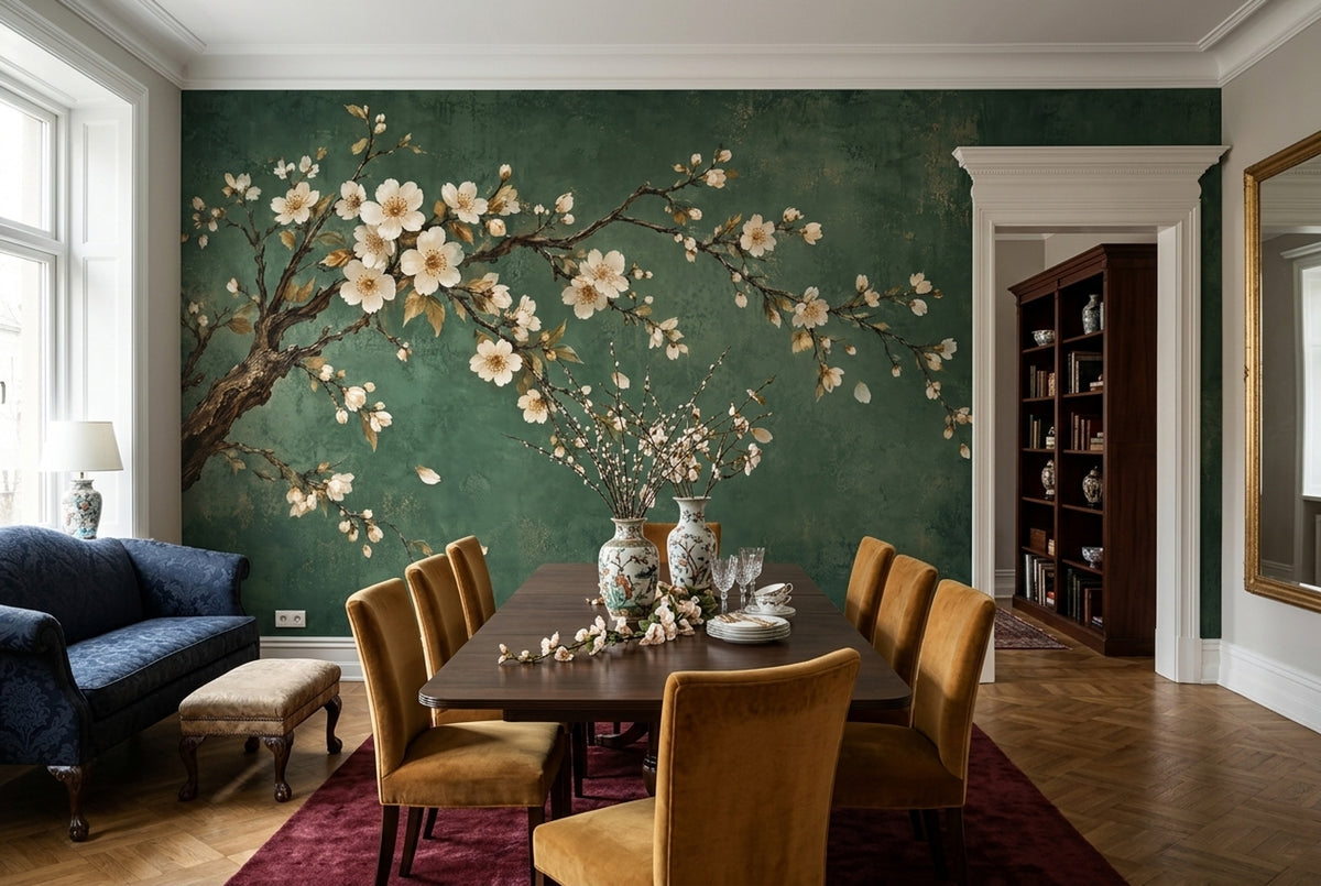 Cherry Blossoms Wallpaper Dark Green Vintage Wall Mural